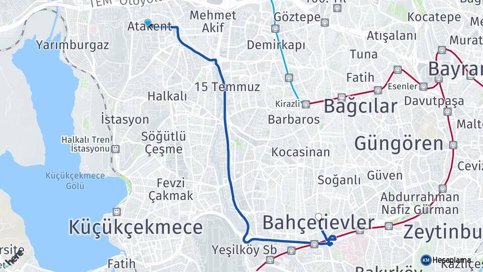 İstanbul Küçükçekmece Atakent Bahçelievler Arası Kaç Km - Yol Haritası