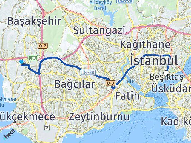 İstanbul Küçükçekmece Atakent Beşiktaş Arası Kaç Km - Yol Haritası