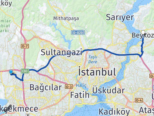 İstanbul Küçükçekmece Atakent Beykoz Arası Kaç Km - Yol Haritası