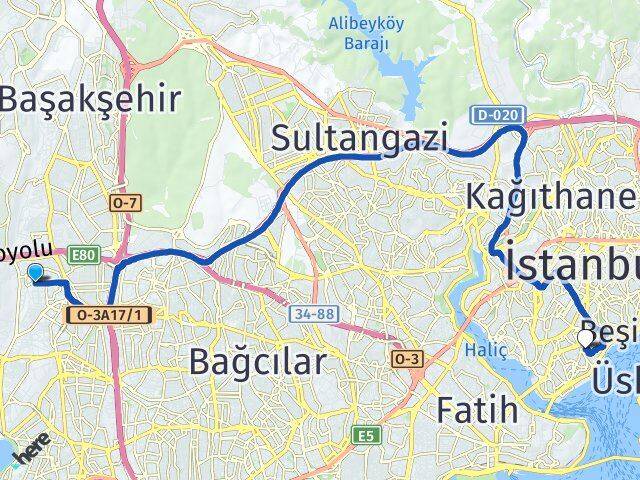 İstanbul Küçükçekmece Atakent Beyoğlu Arası Kaç Km - Yol Haritası
