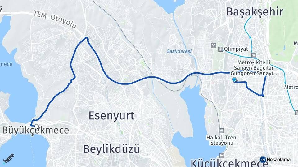 İstanbul Küçükçekmece Atakent Büyükçekmece Arası Kaç Km - Yol Haritası