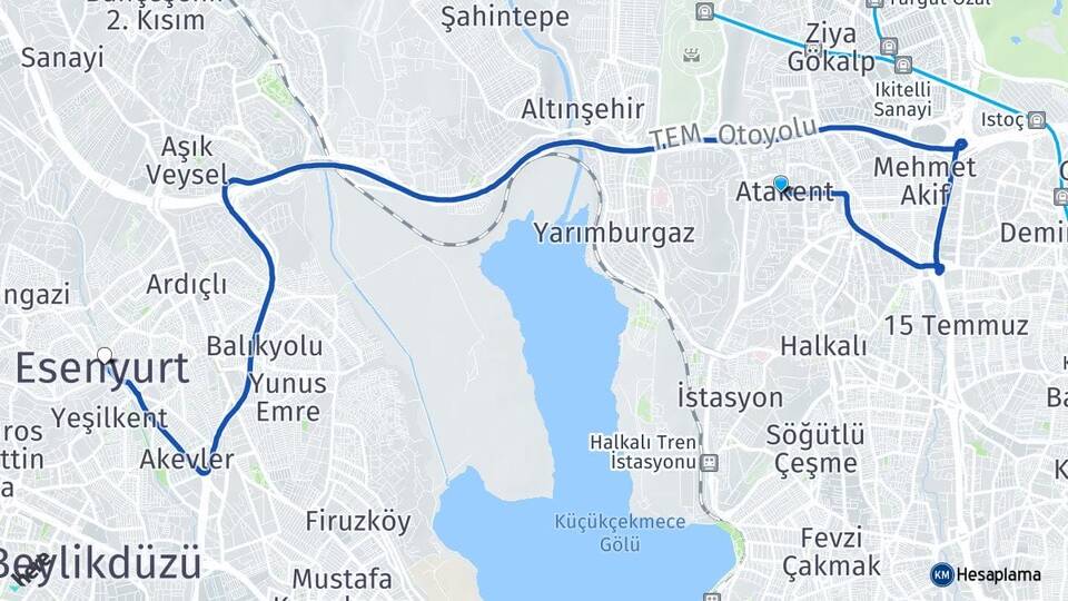 İstanbul Küçükçekmece Atakent Esenyurt Arası Kaç Km - Yol Haritası