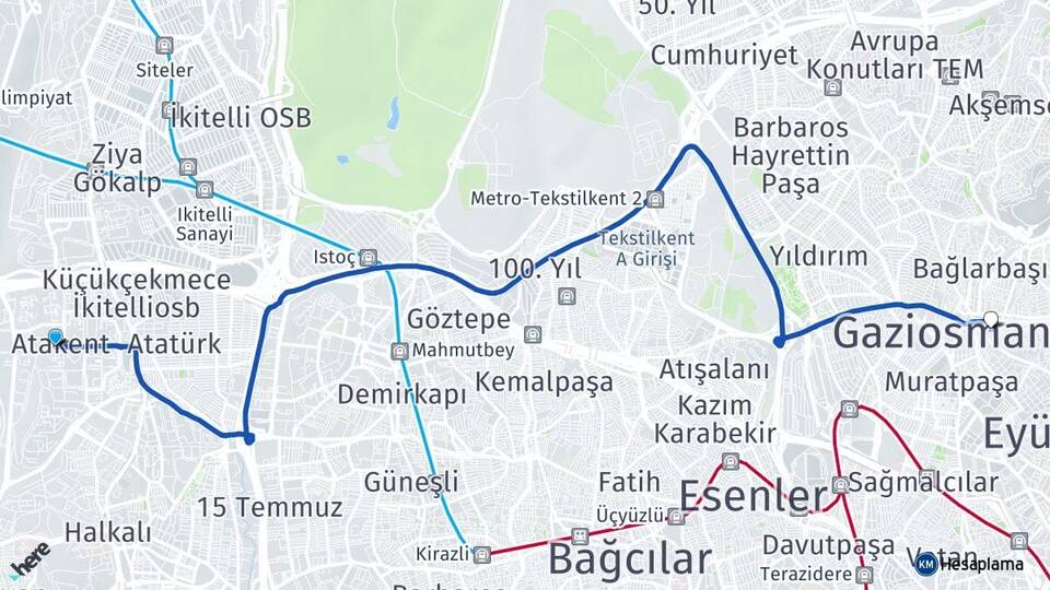 İstanbul Küçükçekmece Atakent Gaziosmanpaşa Arası Kaç Km - Yol Haritası