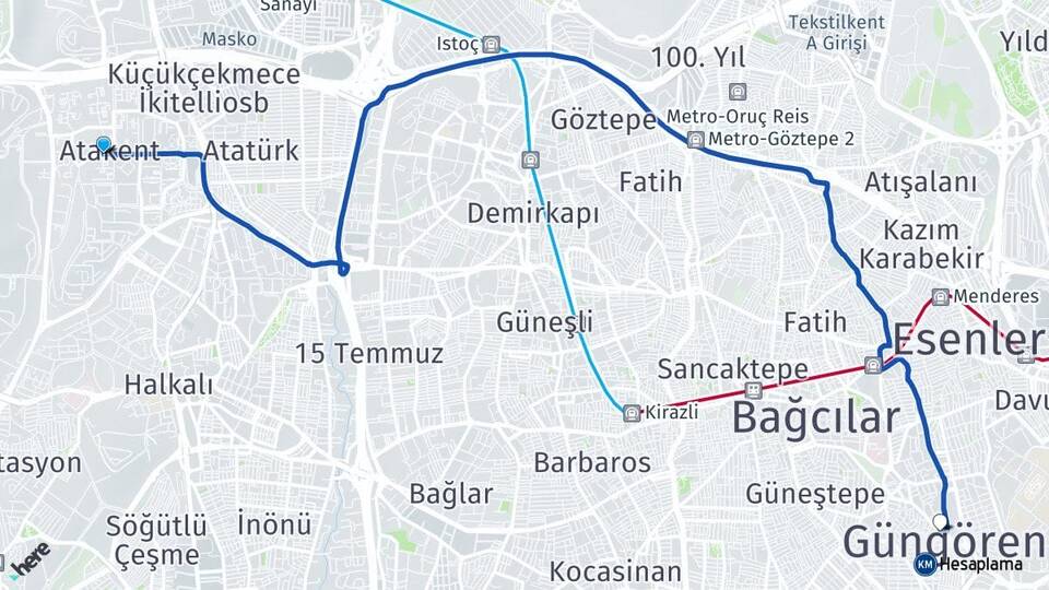 İstanbul Küçükçekmece Atakent Güngören Arası Kaç Km - Yol Haritası