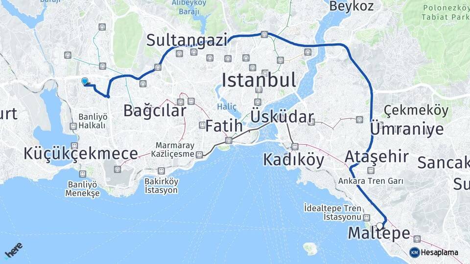 İstanbul Küçükçekmece Atakent Maltepe Arası Kaç Km - Yol Haritası