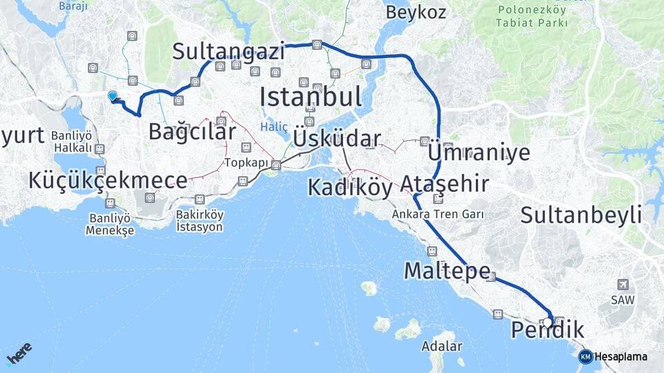İstanbul Küçükçekmece Atakent Pendik Arası Kaç Km - Yol Haritası