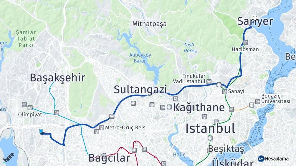 İstanbul Küçükçekmece Atakent Sarıyer Arası Kaç Km - Yol Haritası