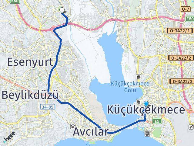 İstanbul Küçükçekmece Bahçeşehir 1. Kısım Başakşehir Arası Kaç Km - Yol Haritası
