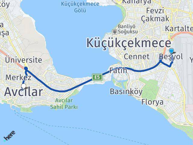 İstanbul Küçükçekmece Beşyol Avcılar Arası Kaç Km - Yol Haritası