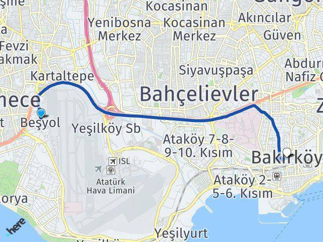 İstanbul Küçükçekmece Beşyol Bakırköy Arası Kaç Km - Yol Haritası