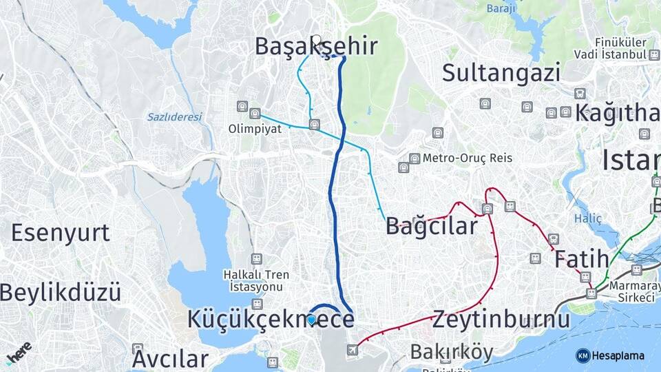 İstanbul Küçükçekmece Beşyol Başakşehir Arası Kaç Km - Yol Haritası