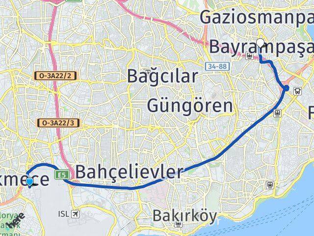 İstanbul Küçükçekmece Beşyol Bayrampaşa Arası Kaç Km - Yol Haritası