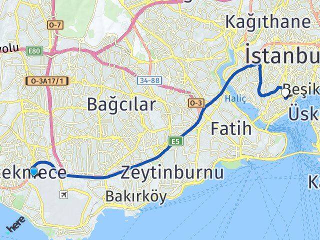 İstanbul Küçükçekmece Beşyol Beyoğlu Arası Kaç Km - Yol Haritası