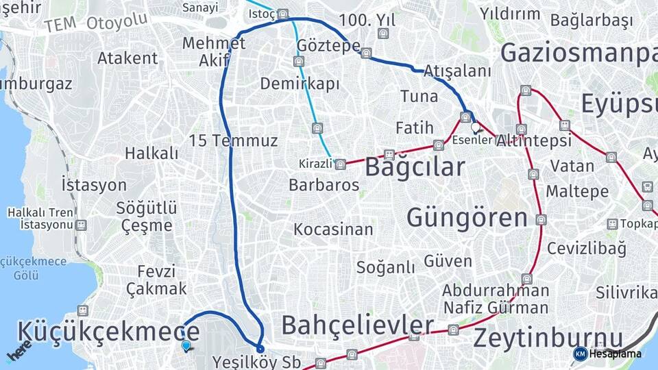 İstanbul Küçükçekmece Beşyol Esenler Arası Kaç Km - Yol Haritası