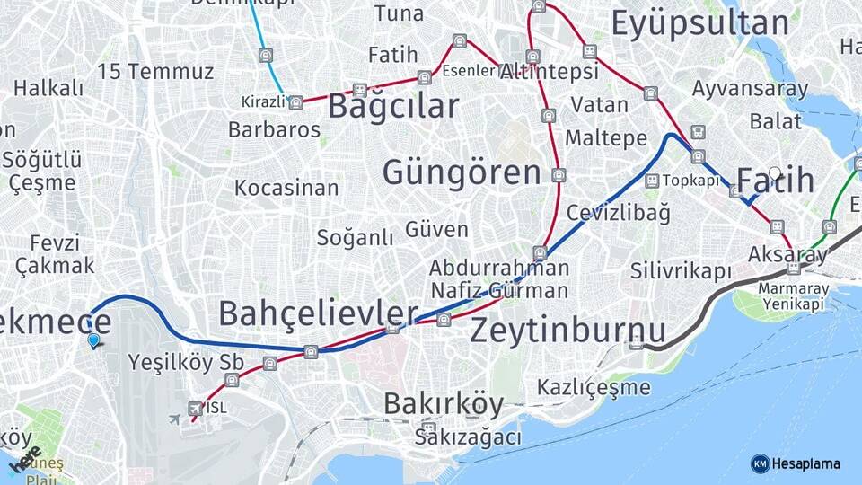 İstanbul Küçükçekmece Beşyol Fatih Arası Kaç Km - Yol Haritası