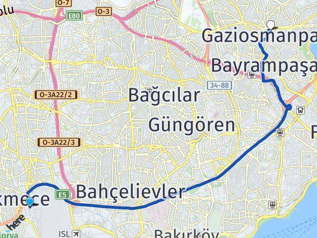 İstanbul Küçükçekmece Beşyol Gaziosmanpaşa Arası Kaç Km - Yol Haritası