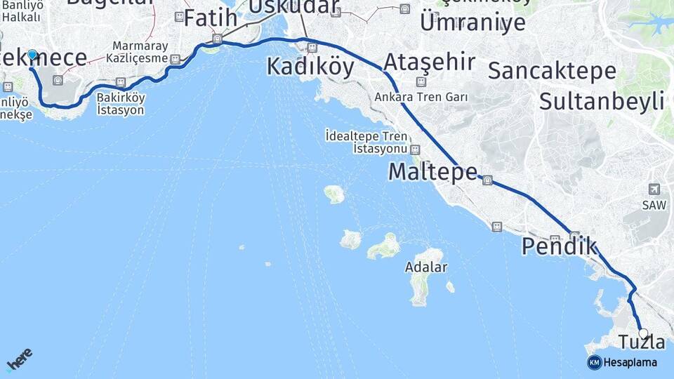 İstanbul Küçükçekmece Beşyol Tuzla Arası Kaç Km - Yol Haritası