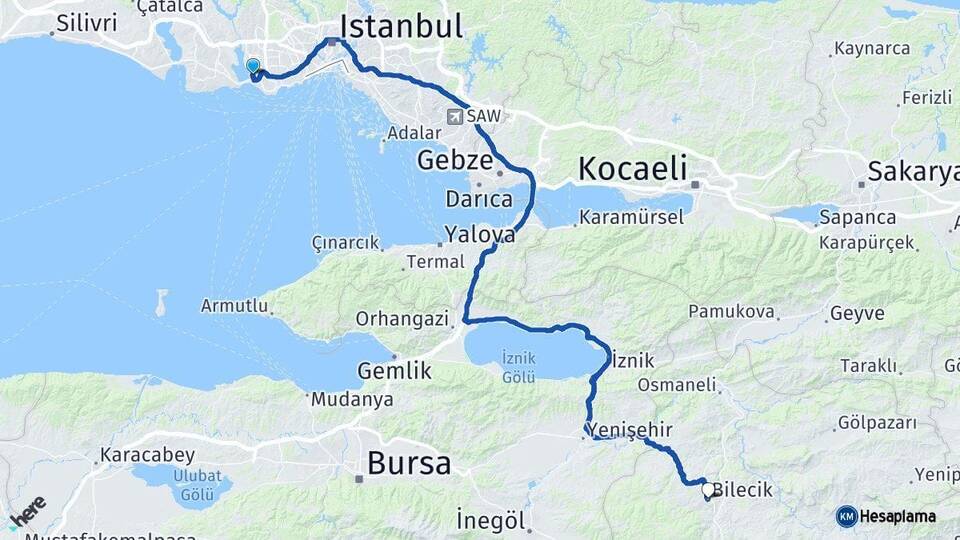İstanbul Küçükçekmece Bilecik Arası Kaç Km - Yol Haritası