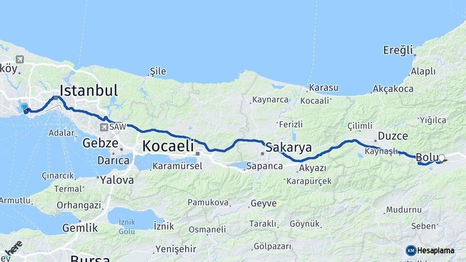 İstanbul Küçükçekmece Bolu Arası Kaç Km - Yol Haritası