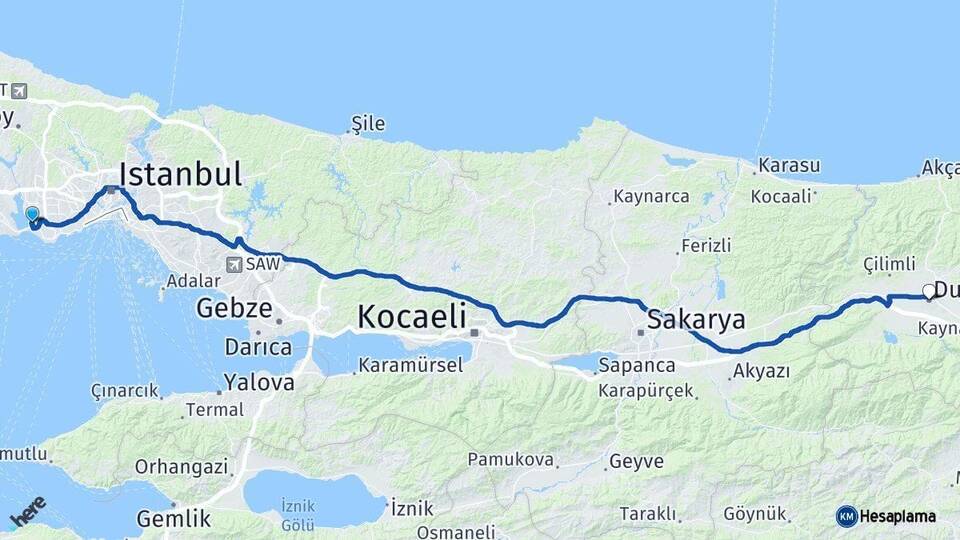İstanbul Küçükçekmece Düzce Arası Kaç Km - Yol Haritası