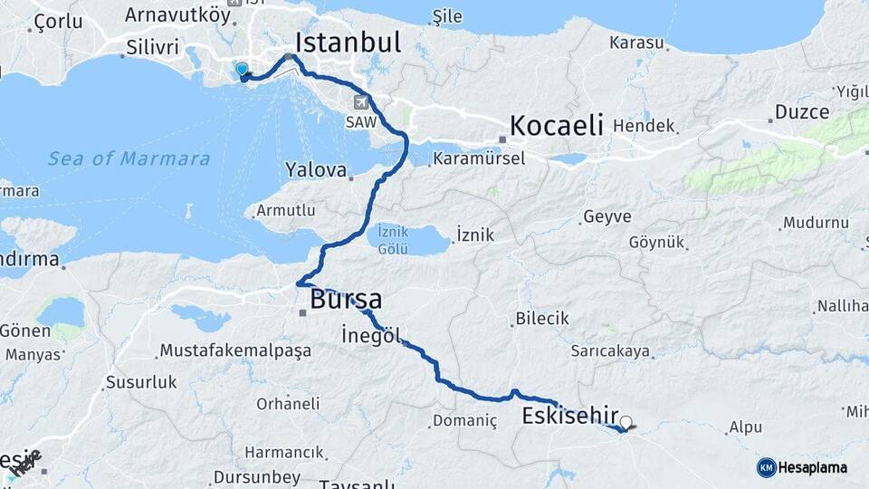 İstanbul Küçükçekmece Eskişehir Arası Kaç Km - Yol Haritası
