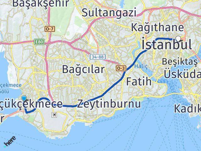 İstanbul Küçükçekmece Gayrettepe Beşiktaş Arası Kaç Km - Yol Haritası