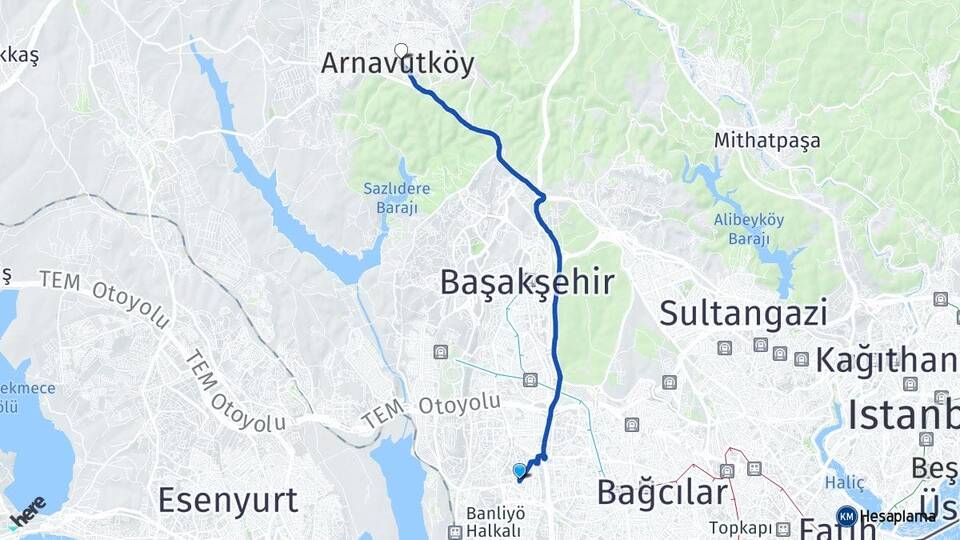 İstanbul Küçükçekmece Halkalı Arnavutköy Arası Kaç Km - Yol Haritası