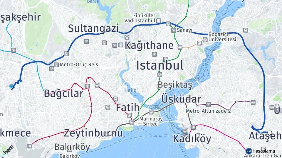 İstanbul Küçükçekmece Halkalı Ataşehir Arası Kaç Km - Yol Haritası