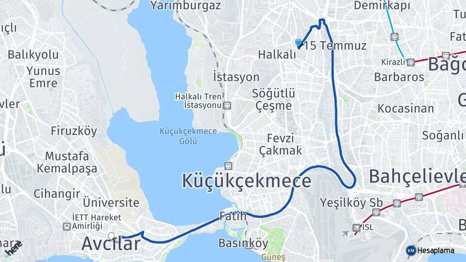 İstanbul Küçükçekmece Halkalı Avcılar Arası Kaç Km - Yol Haritası