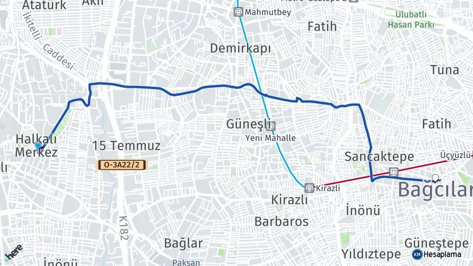 İstanbul Küçükçekmece Halkalı Bağcılar Arası Kaç Km - Yol Haritası