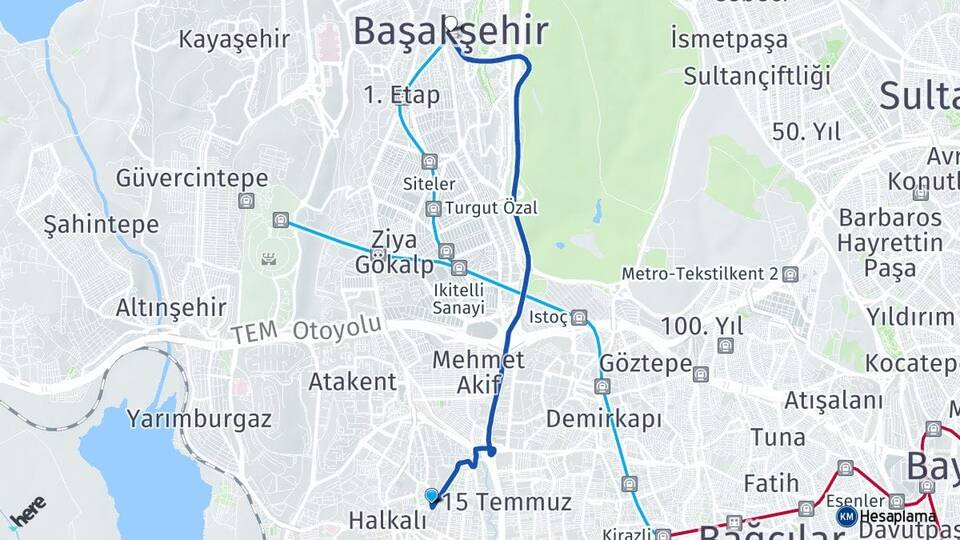 İstanbul Küçükçekmece Halkalı Başakşehir Arası Kaç Km - Yol Haritası