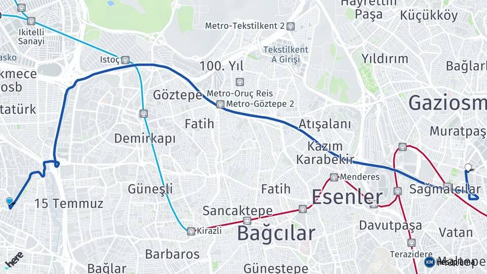 İstanbul Küçükçekmece Halkalı Bayrampaşa Arası Kaç Km - Yol Haritası