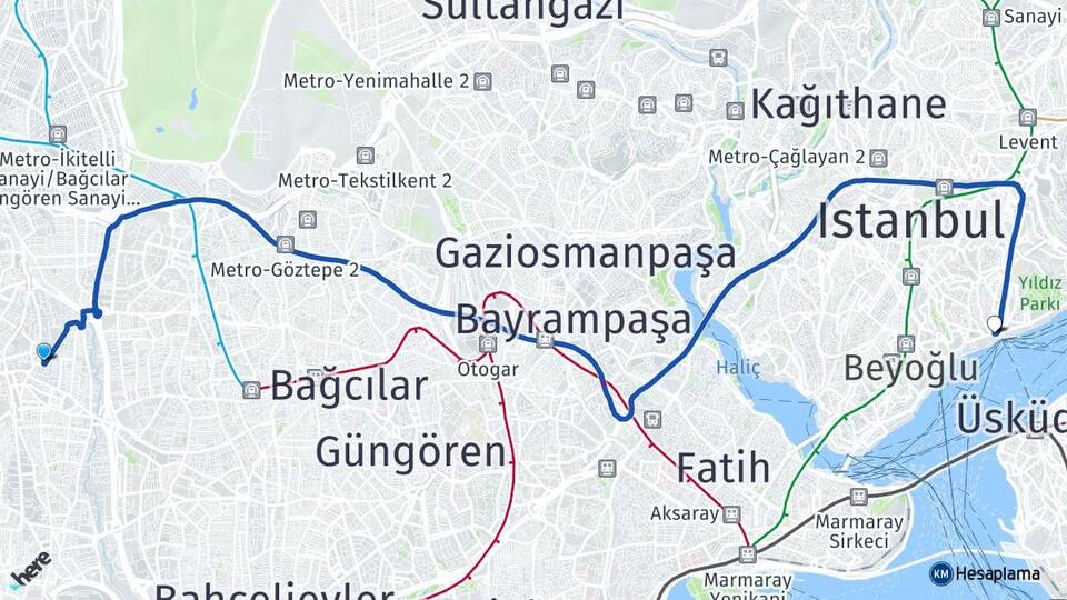 İstanbul Küçükçekmece Halkalı Beşiktaş Arası Kaç Km - Yol Haritası