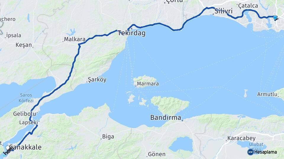 İstanbul Küçükçekmece Halkalı Çanakkale Arası Kaç Km - Yol Haritası