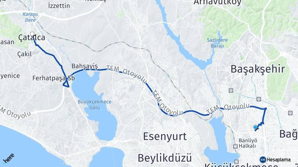 İstanbul Küçükçekmece Halkalı Çatalca Arası Kaç Km - Yol Haritası