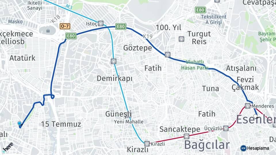 İstanbul Küçükçekmece Halkalı Esenler Arası Kaç Km - Yol Haritası