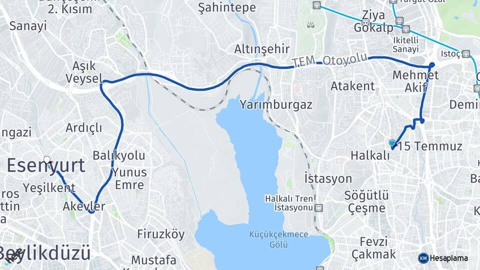 İstanbul Küçükçekmece Halkalı Esenyurt Arası Kaç Km - Yol Haritası