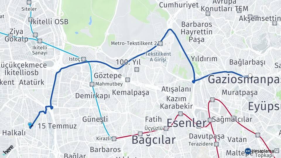 İstanbul Küçükçekmece Halkalı Gaziosmanpaşa Arası Kaç Km - Yol Haritası