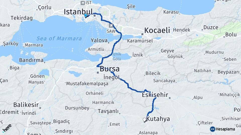 İstanbul Küçükçekmece Halkalı Kütahya Arası Kaç Km - Yol Haritası