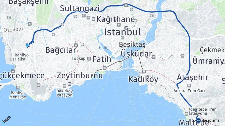 İstanbul Küçükçekmece Halkalı Maltepe Arası Kaç Km - Yol Haritası