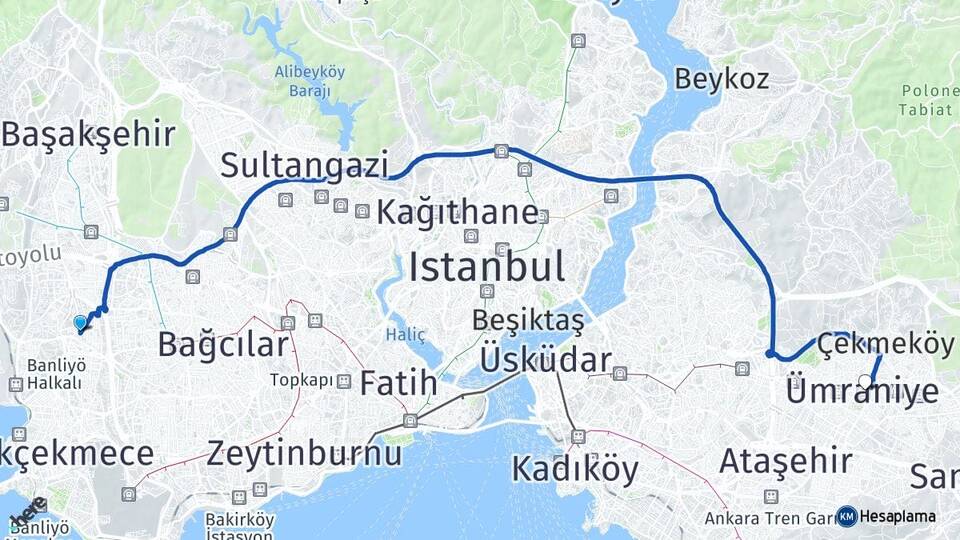 İstanbul Küçükçekmece Halkalı Ümraniye Arası Kaç Km - Yol Haritası