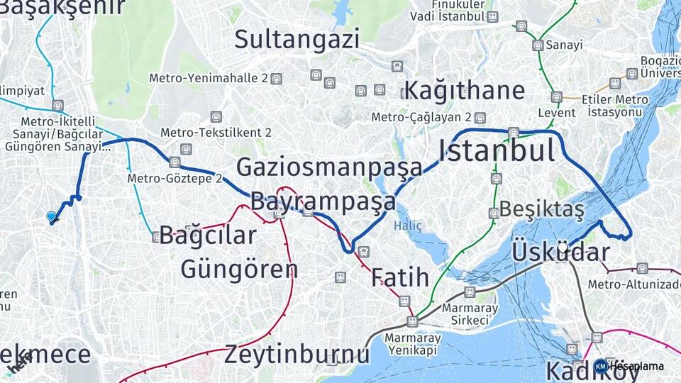İstanbul Küçükçekmece Halkalı Üsküdar Arası Kaç Km - Yol Haritası