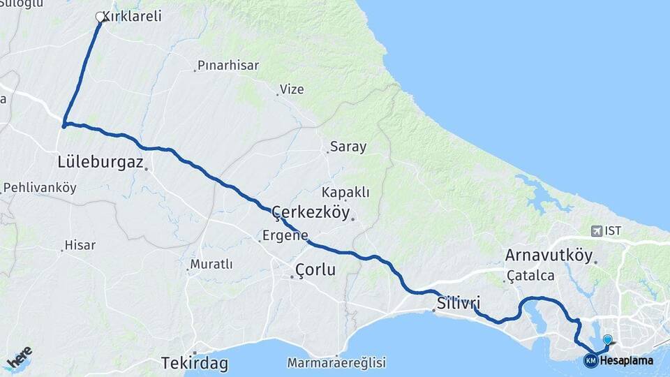 İstanbul Küçükçekmece Kırklareli Arası Kaç Km - Yol Haritası