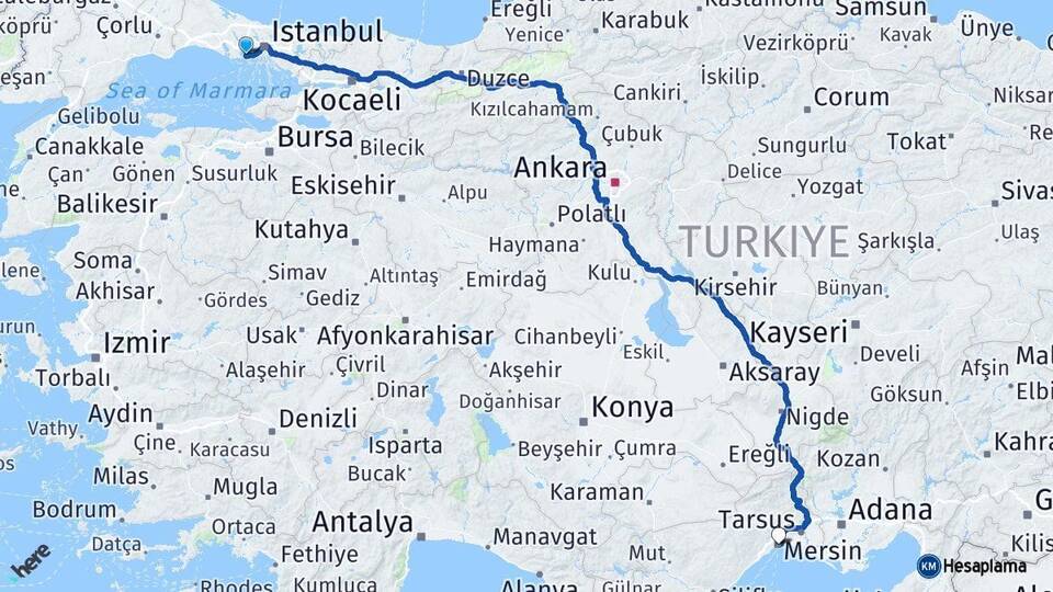 İstanbul Küçükçekmece Mersin Arası Kaç Km - Yol Haritası