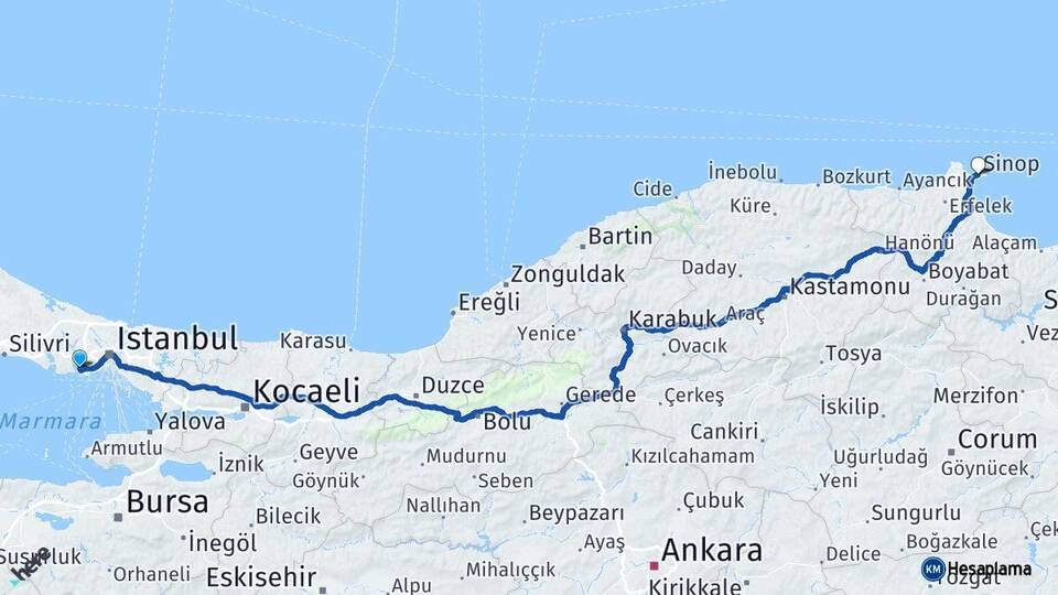 İstanbul Küçükçekmece Sinop Arası Kaç Km - Yol Haritası