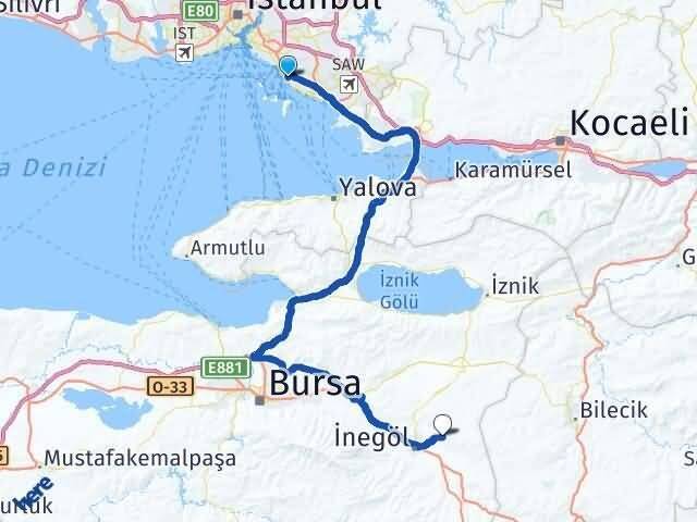 İstanbul Maltepe Akbaşlar İnegöl Bursa Arası Kaç Km - Yol Haritası