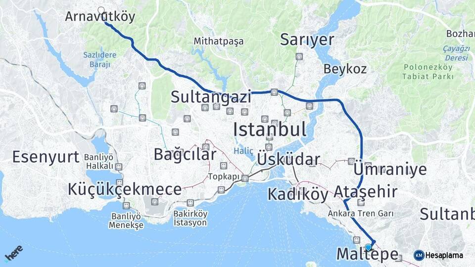 İstanbul Maltepe Arnavutköy Arası Kaç Km - Yol Haritası