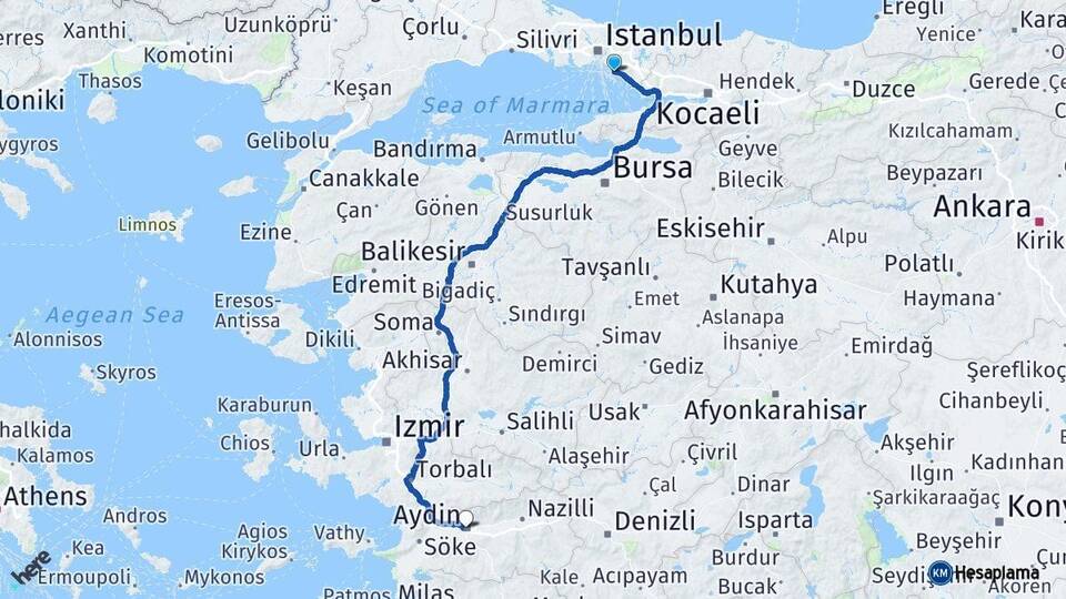 İstanbul Maltepe Aydın Arası Kaç Km - Yol Haritası