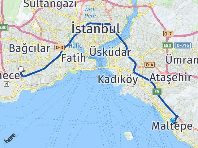 istanbul maltepe bahcelievler istanbul arasi kac km