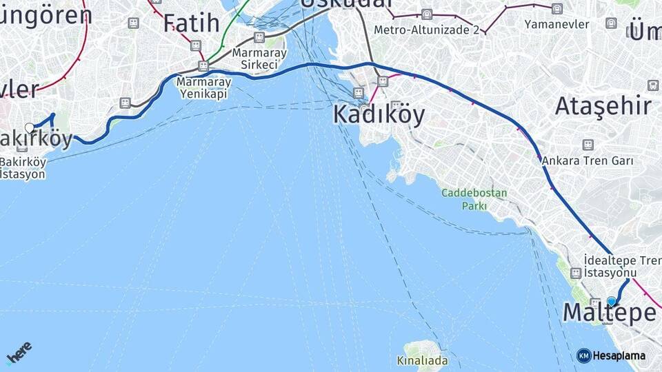 İstanbul Maltepe Bakırköy Arası Kaç Km - Yol Haritası